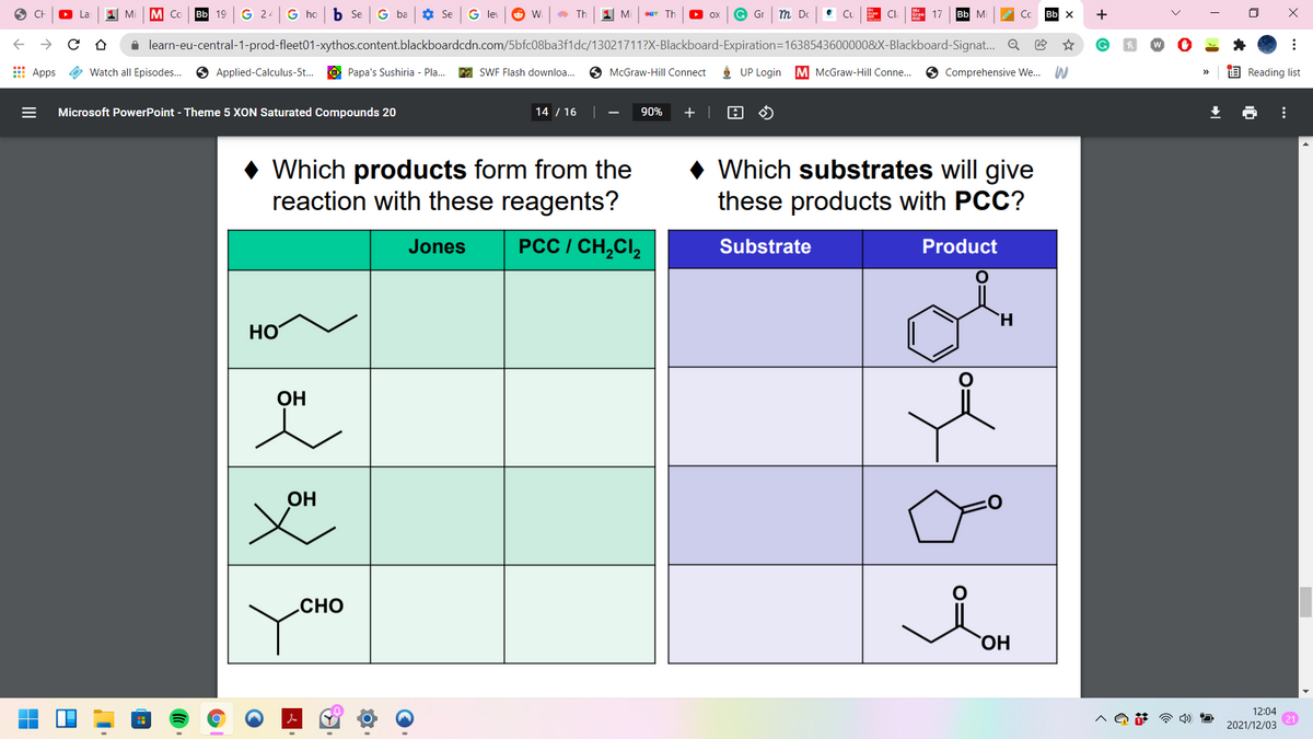 La:
I Mi
M Co
19
G 24
G ho
b Se
G ba
* Se
G lev
Th
1 Mi
G Gr
m Do
Cu
CI
17
Bb M
Co
Bb x
Bb
OX
A learn-eu-central-1-prod-fleet01-xythos.content.blackboardcdn.com/5bfc08ba3f1dc/13021711?X-Blackboard-Expiration=1638543600000&X-Blackboard-Signat... Q
E Apps
Watch all Episodes..
Applied-Calculus-5t.
O Papa's Sushiria - Pla...
2 SWF Flash downloa...
S McGraw-Hill Connect
i UP Login
M McGraw-Hill Conne...
9 Comprehensive We.. W
E Reading list
Microsoft PowerPoint - Theme 5 XON Saturated Compounds 20
14 / 16
90%
+ |
• Which products form from the
reaction with these reagents?
Which substrates will give
these products with PCC?
Jones
PCC / CH,CI,
Substrate
Product
H.
HO
OH
OH
„CHO
ОН
12:04
2021/12/03
...
..
II
