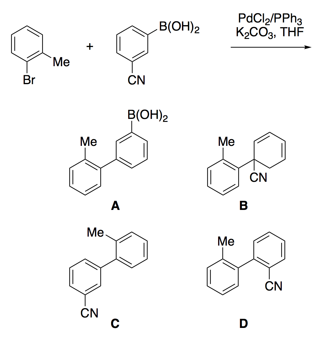 PdCl/PPH3
K2CO3, THE
B(OH)2
Me
Br
CN
B(OH)2
Ме
Me
CN
А
В
Ме.
Ме
CN
CN
D
