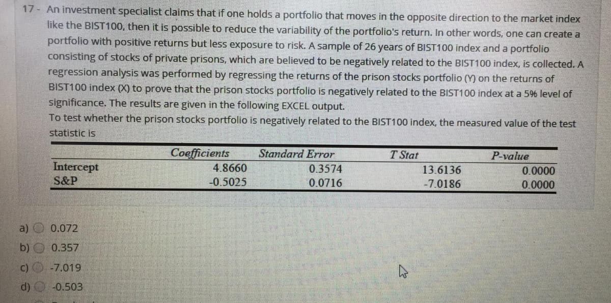 17- An investment specialist claims that if one holds a portfolio that moves in the opposite direction to the market index
like the BIST100, then it is possible to reduce the variability of the portfolio's return. In other words, one can create a
portfolio with positive returns but less exposure to risk. A sample of 26 years of BIST100 index and a portfolio
consisting of stocks of private prisons, which are believed to be negatively related to the BIST100 index, is collected. A
regression analysis was performed by regressing the returns of the prison stocks portfolio (Y) on the returns of
BIST100 index (X) to prove that the prison stocks portfolio is negatively related to the BIST100 index at a 5% level of
significance. The results are given in the following EXCEL output.
To test whether the prison stocks portfolio is negatively related to the BIST100 index, the measured value of the test
statistic is
Coefficients
Standard Error
T Stat
P-value
Intercept
4.8660
0.3574
13.6136
0.0000
S&P
-0.5025
0.0716
-7.0186
0.0000
a)
0.072
b) O 0.357
C) O -7.019
d)
-0.503
