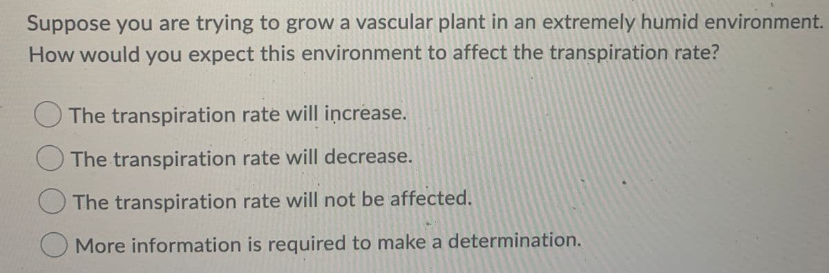 **Question: Transpiration Rate in Humid Environments**

Suppose you are trying to grow a vascular plant in an extremely humid environment. How would you expect this environment to affect the transpiration rate?

- The transpiration rate will increase.
- The transpiration rate will decrease.
- The transpiration rate will not be affected. 
- More information is required to make a determination.