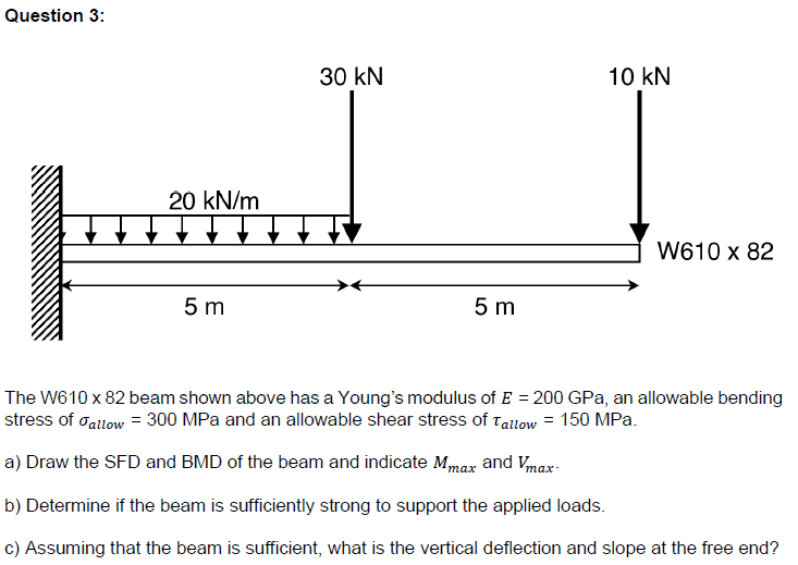 Question 3:
20 kN/m
↓↓
5m
30 kN
5m
10 kN
W610 x 82
The W610 x 82 beam shown above has a Young's modulus of E = 200 GPa, an allowable bending
stress of Fallow = 300 MPa and an allowable shear stress of Tallow = 150 MPa.
a) Draw the SFD and BMD of the beam and indicate Mmax and Vmax-
b) Determine if the beam is sufficiently strong to support the applied loads.
c) Assuming that the beam is sufficient, what is the vertical deflection and slope at the free end?