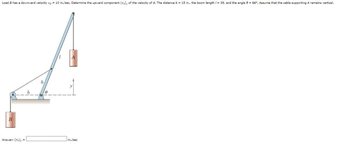 Load B has a downward velocity Vg = 10 in./sec. Determine the upward component (v), of the velocity of A. The distance b = 15 in., the boom length / = 39, and the angle 8 = 68°. Assume that the cable supporting A remains vertical.
A
Answer: (VA)y
lin./sec
