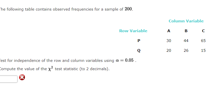 The following table contains observed frequencies for a sample of 200.
Row Variable
est for independence of the row and column variables using a = 0.05.
Compute the value of the X² test statistic (to 2 decimals).
P
Q
Column Variable
A
30
20
B
44
26
с
65
15