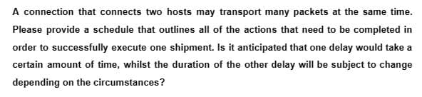 A connection that connects two hosts may transport many packets at the same time.
Please provide a schedule that outlines all of the actions that need to be completed in
order to successfully execute one shipment. Is it anticipated that one delay would take a
certain amount of time, whilst the duration of the other delay will be subject to change
depending on the circumstances?