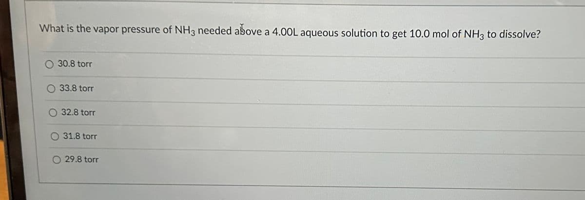 What is the vapor pressure of NH3 needed above a 4.00L aqueous solution to get 10.0 mol of NH3 to dissolve?
30.8 torr
33.8 torr
O 32.8 torr
31.8 torr
29.8 torr