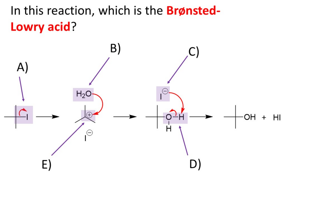 In this reaction, which is the Brønsted-
Lowry acid?
B)
C)
A)
H2O-
tou.
OH + HI
E)
D)
O-I
