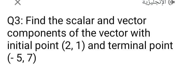 الإنجليزية
Q3: Find the scalar and vector
components of the vector with
initial point (2, 1) and terminal point
(- 5, 7)
