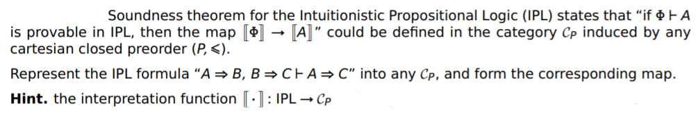 Soundness theorem for the Intuitionistic Propositional Logic (IPL) states that "if & FA
is provable in IPL, then the map [] → [A]" could be defined in the category Cp induced by any
|cartesian closed preorder (P, <).
Represent the IPL formula “A→B, B = CEA=C" into any Cp, and form the corresponding map.
Hint. the interpretation function [:]: IPL → Cp
