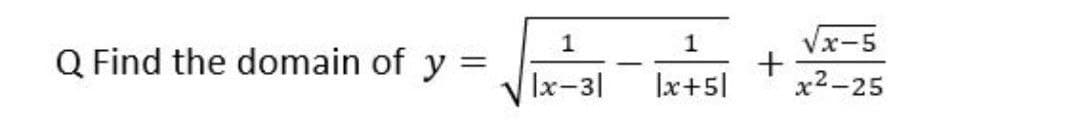 Vx-5
+
x2-25
1
Q Find the domain of y =
lx-31
|x+5|
