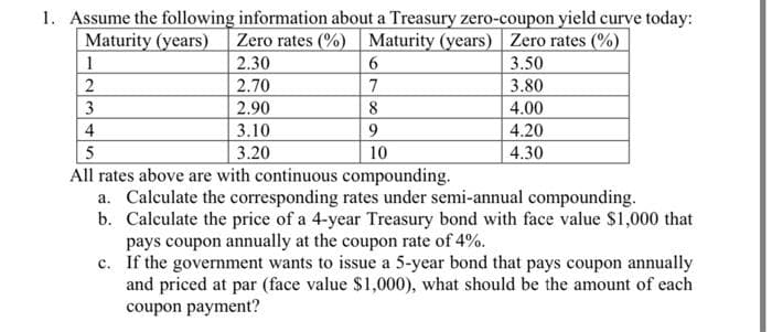 1. Assume the following information about a Treasury zero-coupon yield curve today:
Maturity (years) Zero rates (%) Maturity (years) Zero rates (%)
1
2.30
3.50
2
2.70
7
3.80
3
2.90
4.00
4
3.10
9.
4.20
3.20
10
4.30
All rates above are with continuous compounding.
a. Calculate the corresponding rates under semi-annual compounding.
b. Calculate the price of a 4-year Treasury bond with face value S1,000 that
pays coupon annually at the coupon rate of 4%.
c. If the government wants to issue a 5-year bond that pays coupon annually
and priced at par (face value $1,000), what should be the amount of each
coupon payment?

