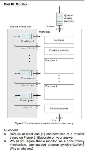 Part III: Monitor
Queue of
entering
processes
Monitor waiting area
Entrance
MONITOR
Local data
Condition cl
Cwait(el)D
Condition variables
Procedure 1
Condition en
Cwait (cn)
Procedure k
Urgent queue
csignal
Initialization code
Exit
Figure 3. The structure of a monitor relative to concurrency.
Questions:
5. Deduce at least one (1) characteristic of a monitor
based on Figure 3. Elaborate on your answer.
6. Would you agree that a monitor, as a concurrency
mechanism, can support process synchronization?
Why or why not?
