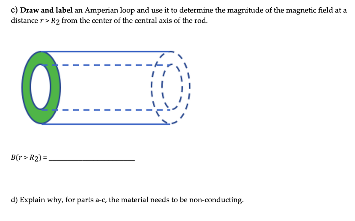 c) Draw and label an Amperian loop and use it to determine the magnitude of the magnetic field at a
distance r> R2 from the cernter of the central axis of the rod.
B(r > R2) =
d) Explain why, for parts a-c, the material needs to be non-conducting.
