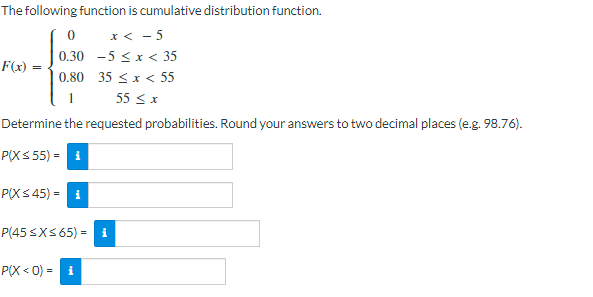 The following function is cumulative distribution function.
0
x < -5
0.30 -5 ≤ x < 35
F(x)
0.80 35 < x < 55
1
55 ≤ x
Determine the requested probabilities. Round your answers to two decimal places (e.g. 98.76).
P(X ≤ 55) = 1
P(X ≤45) = i
P(45≤x≤65)= i
P(X<0) = 1