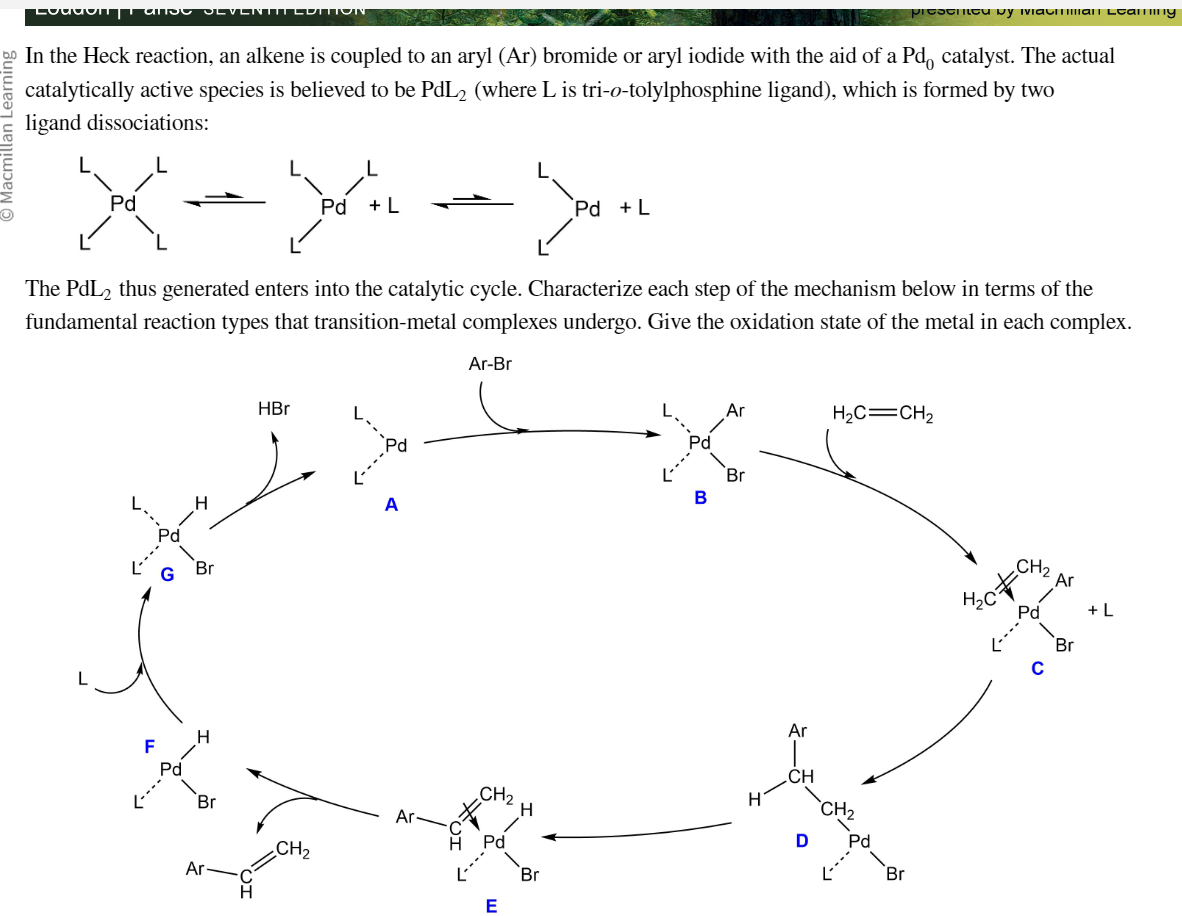 Macmillan Learnin
am
Pd
In the Heck reaction, an alkene is coupled to an aryl (Ar) bromide or aryl iodide with the aid of a Pd catalyst. The actual
catalytically active species is believed to be PdL2 (where L is tri-o-tolylphosphine ligand), which is formed by two
ligand dissociations:
F
G
The PdL₂ thus generated enters into the catalytic cycle. Characterize each step of the mechanism below in terms of the
fundamental reaction types that transition-metal complexes undergo. Give the oxidation state of the metal in each complex.
Pd
Br
H
Br
Ar
HBr
Pd + L
CH₂
A
Ar-Br
#CH₂
Pd
---->
E
H
Pd + L
Br
B
Ar
Br
H
Ar
CH
D
presented by Machman Leaminy
H₂C=CH₂
CH₂
Pd
Br
Pd
---->
C
Ar
Br
+ L