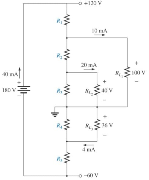 o +120 V
R1
10 mA
R21
20 mA
Ru
100 V
40 mA
+
180 V
R3
40 V
R43
RLA
36 V
4 mA
R5
-60 V
