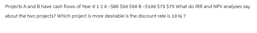 Projects A and B have cash flows of Year 0 1 2 A -$80 $50 $50 B -$100 $75 $75 What do IRR and NPV analyses say
about the two projects? Which project is more desirable is the discount rate is 10% ?