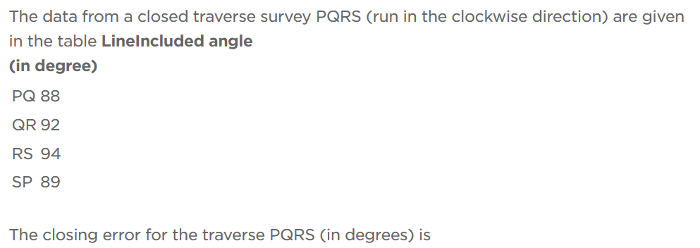 The data from a closed traverse survey PQRS (run in the clockwise direction) are given
in the table Linelncluded angle
(in degree)
PQ 88
QR 92
RS 94
SP 89
The closing error for the traverse PQRS (in degrees) is