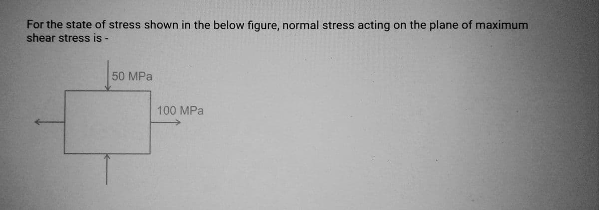 For the state of stress shown in the below figure, normal stress acting on the plane of maximum
shear stress is -
50 MPa
100 MPa