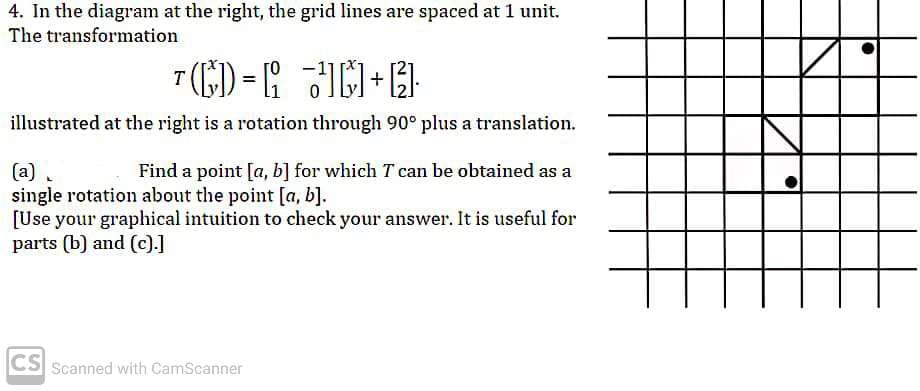 4. In the diagram at the right, the grid lines are spaced at 1 unit.
The transformation
illustrated at the right is a rotation through 90° plus a translation.
(a)
single rotation about the point [a, b].
[Use your graphical intuition to check your answer. It is useful for
parts (b) and (c).]
Find a point [a, b] for which T can be obtained as a
CS Scanned with CamScanner
