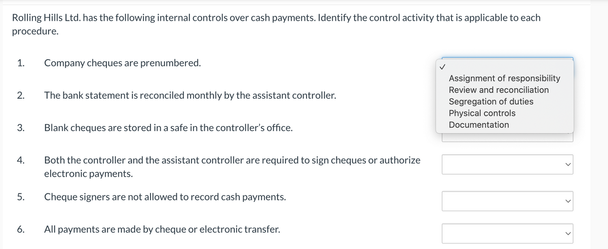 Rolling Hills Ltd. has the following internal controls over cash payments. Identify the control activity that is applicable to each
procedure.
1.
2.
3.
4.
5.
6.
Company cheques are prenumbered.
The bank statement is reconciled monthly by the assistant controller.
Blank cheques are stored in a safe in the controller's office.
Both the controller and the assistant controller are required to sign cheques or authorize
electronic payments.
Cheque signers are not allowed to record cash payments.
All payments are made by cheque or electronic transfer.
Assignment of responsibility
Review and reconciliation
Segregation of duties
Physical controls
Documentation