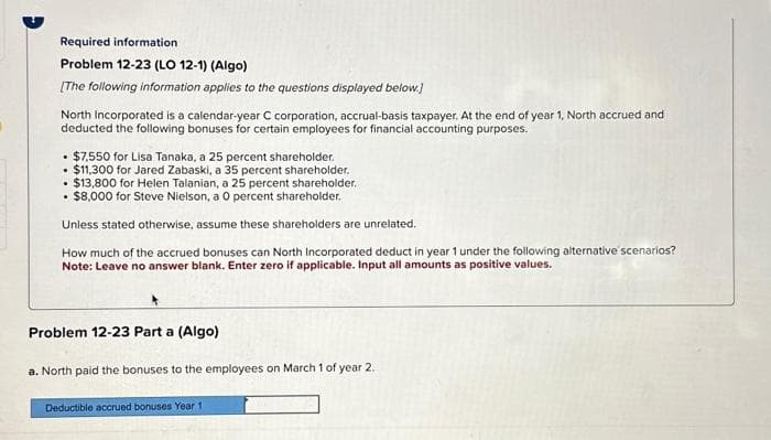 Required information
Problem 12-23 (LO 12-1) (Algo)
[The following information applies to the questions displayed below.)
North Incorporated is a calendar-year C corporation, accrual-basis taxpayer. At the end of year 1, North accrued and
deducted the following bonuses for certain employees for financial accounting purposes.
$7,550 for Lisa Tanaka, a 25 percent shareholder.
$11,300 for Jared Zabaski, a 35 percent shareholder.
$13,800 for Helen Talanian, a 25 percent shareholder.
$8,000 for Steve Nielson, a 0 percent shareholder.
Unless stated otherwise, assume these shareholders are unrelated.
How much of the accrued bonuses can North Incorporated deduct in year 1 under the following alternative scenarios?
Note: Leave no answer blank. Enter zero if applicable. Input all amounts as positive values.
.
Problem 12-23 Part a (Algo)
a. North paid the bonuses to the employees on March 1 of year 2.
Deductible accrued bonuses Year 1