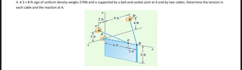 4. A 5 x 8-ft sign of uniform density weighs 270lb and is supported by a ball-and-socket joint at A and by two cables. Determine the tension in
each cable and the reaction at A.
2ft
3 ft
2 ft
5ft
