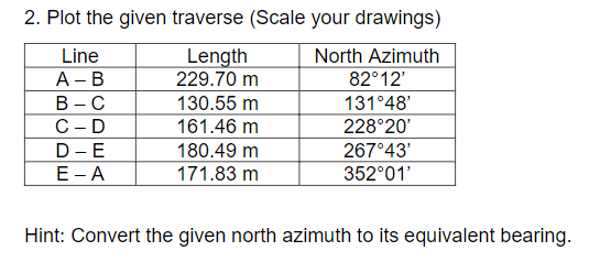 2. Plot the given traverse (Scale your drawings)
Length
229.70 m
Line
North Azimuth
А - В
В -С
С - D
82°12'
130.55 m
131°48'
161.46 m
228°20'
180.49 m
171.83 m
D-E
267°43'
E - A
352°01'
Hint: Convert the given north azimuth to its equivalent bearing.
