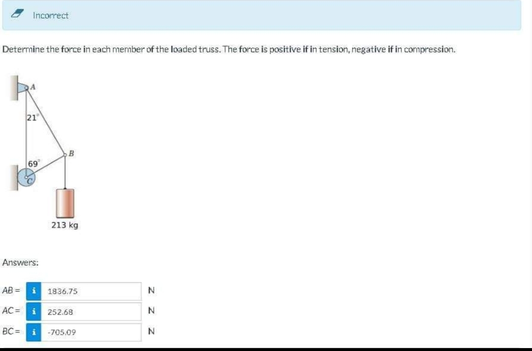 Incorrect
Determine the force in each member of the loaded truss. The force is positive if in tension, negative if in compression.
21
69
Answers:
AC = i
B
AB= i 1836.75
BC= i
213 kg
252.68
-705.09
N
N
N