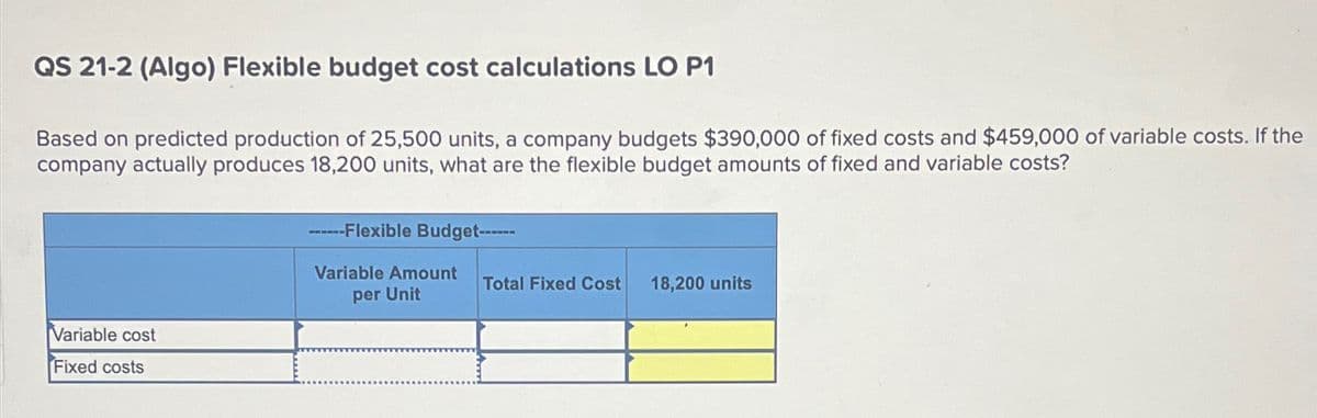 QS 21-2 (Algo) Flexible budget cost calculations LO P1
Based on predicted production of 25,500 units, a company budgets $390,000 of fixed costs and $459,000 of variable costs. If the
company actually produces 18,200 units, what are the flexible budget amounts of fixed and variable costs?
Variable cost
Fixed costs
------Flexible Budget------
Variable Amount
per Unit
Total Fixed Cost 18,200 units