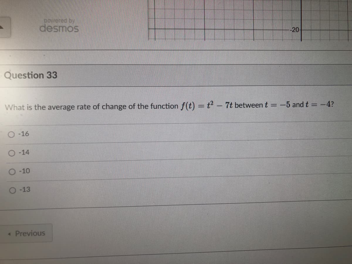 Question 33
O-16
What is the average rate of change of the function f(t) = t² - 7t between t = -5 and t = -4?
-14
powered by
desmos
-10
O-13
-20-
< Previous