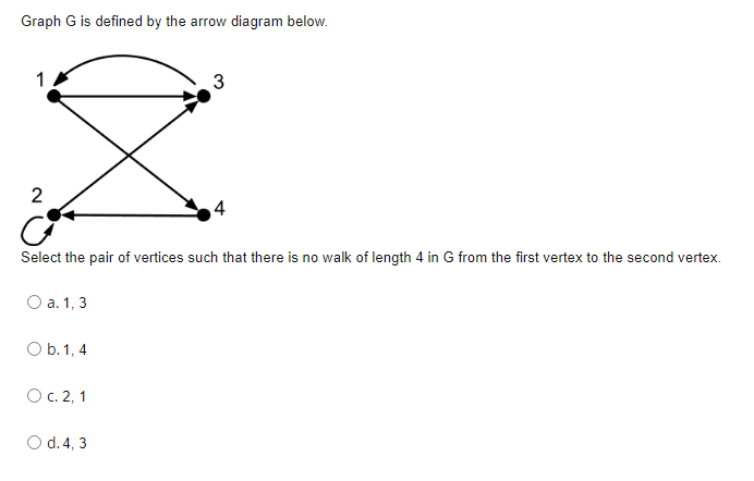 Graph G is defined by the arrow diagram below.
1
2
4
Select the pair of vertices such that there is no walk of length 4 in G from the first vertex to the second vertex.
O a. 1, 3
O b. 1, 4
О с. 2, 1
O d. 4, 3
