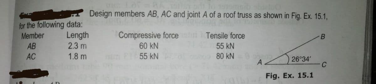 Design members AB, AC and joint A of a roof truss as shown in Fig. Ex. 15.1,
for the following data:
Member
Compressive force
60 kN
Length
Tensile force
AB
2.3 m
55 kN
AC
1.8 m
55 kN
80 kN
26°34'
C
Fig. Ex. 15.1
