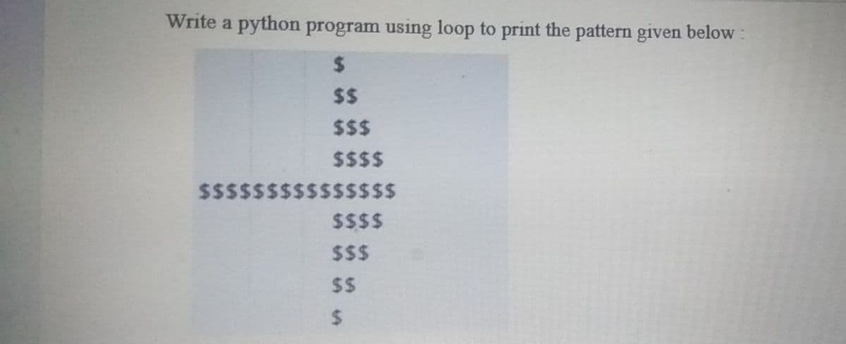 Write a python program using loop to print the pattern given below :
%24
$$
$$$
$$$$
$$$$$$$$$$$$sss
$$$$
$$$
$5
%24
