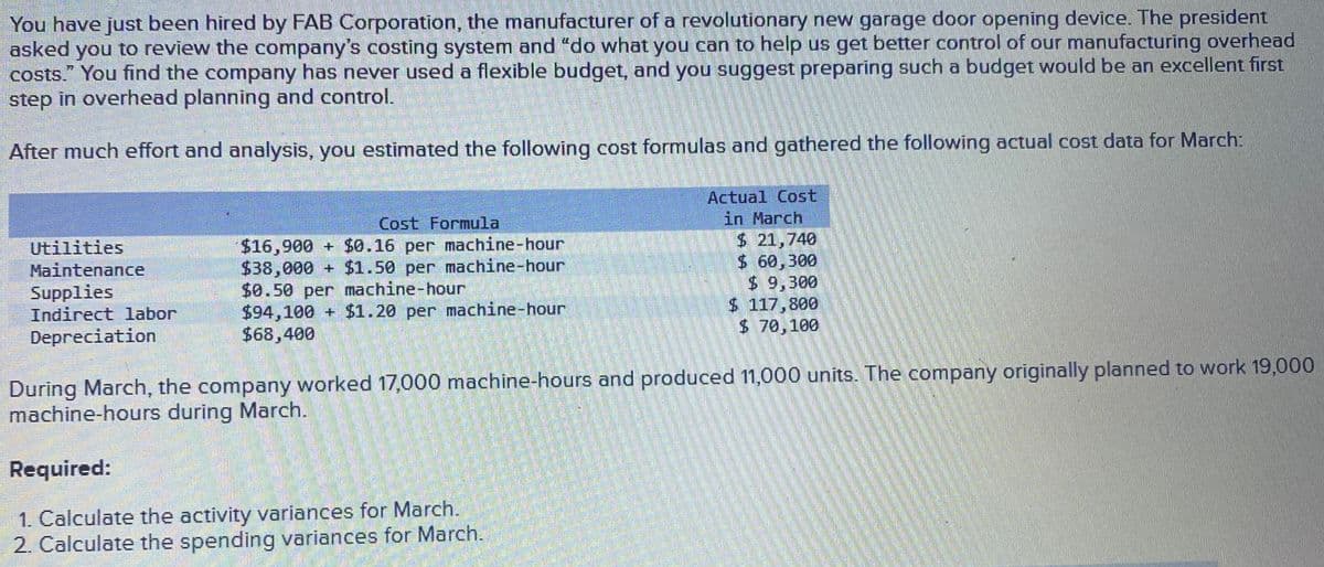 You have just been hired by FAB Corporation, the manufacturer of a revolutionary new garage door opening device. The president
asked you to review the company's costing system and "do what you can to help us get better control of our manufacturing overhead
costs." You find the company has never used a flexible budget, and you suggest preparing such a budget would be an excellent first
step in overhead planning and control.
After much effort and analysis, you estimated the following cost formulas and gathered the following actual cost data for March:
Utilities
Maintenance
Supplies
Indirect labor
Depreciation
Cost Formula
$16,900 + $0.16 per machine-hour
$38,000 + $1.50 per machine-hour
$0.50 per machine-hour
$94,100 + $1.20 per machine-hour
$68,400
Actual Cost
in March
$ 21,740
$ 60,300
$ 9,300
$ 117,800
$ 70,100
During March, the company worked 17,000 machine-hours and produced 11,000 units. The company originally planned to work 19,000
machine-hours during March.
Required:
1. Calculate the activity variances for March.
2. Calculate the spending variances for March.