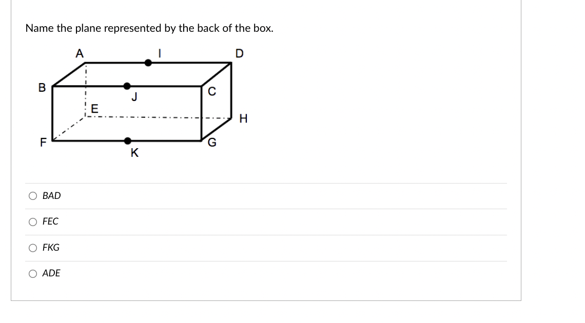 Name the plane represented by the back of the box.
A
I
D
B
F
O BAD
FEC
O FKG
O ADE
E
J
K
C
G
H