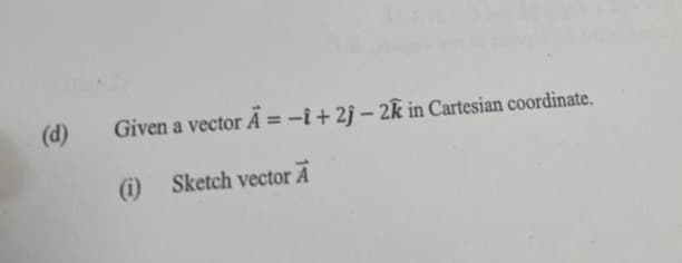 Given a vector A=-1+2j-2k in Cartesian coordinate.
(i) Sketch vector A