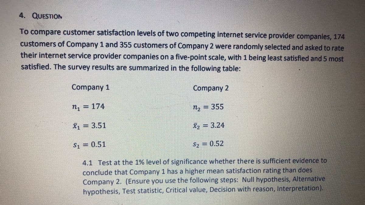 4. QUESTION
To compare customer satisfaction levels of two competing internet service provider companies, 174
customers of Company 1 and 355 customers of Company 2 were randomly selected and asked to rate
their internet service provider companies on a five-point scale, with 1 being least satisfied and 5 most
satisfied. The survey results are summarized in the following table:
Company 1
Company 2
n, = 174
n2 = 355
X1 = 3.51
X2 = 3.24
S, = 0.51
S2 =0.52
4.1 Test at the 1% level of significance whether there is sufficient evidence to
conclude that Company 1 has a higher mean satisfaction rating than does
Company 2. (Ensure you use the following steps: Null hypothesis, Alternative
hypothesis, Test statistic, Critical value, Decision with reason, Interpretation).
