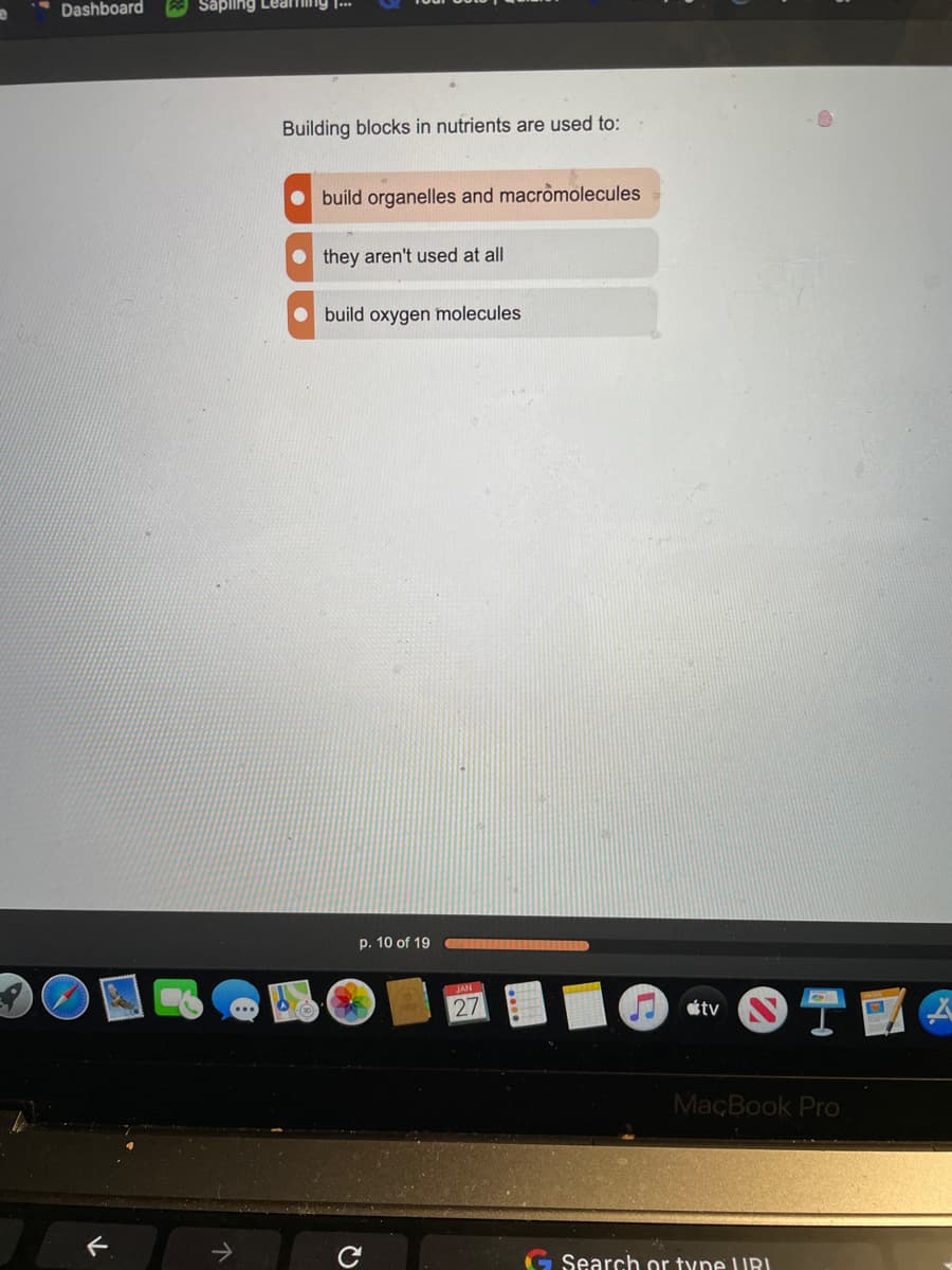 Dashboard
Sapling Lea
Building blocks in nutrients are used to:
build organelles and macromolecules
• they aren't used at all
build oxygen molecules
p. 10 of 19
JAN
27
OTI
tv
MaçBook Pro
Search or tyne URI
