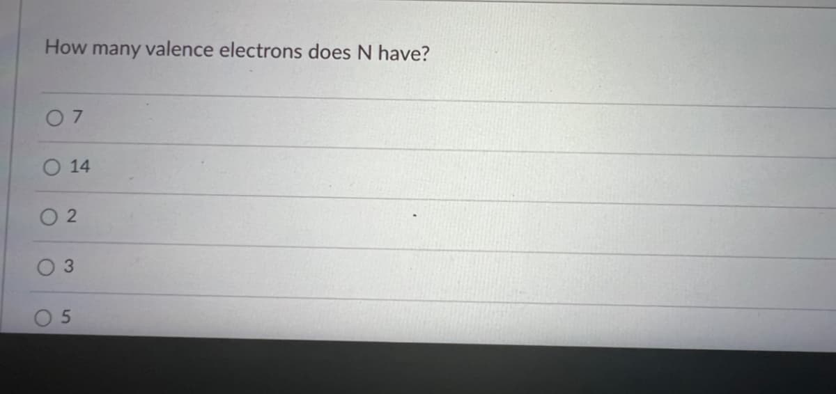 How many valence electrons does N have?
07
14
02
3
5