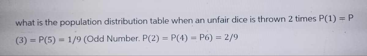 what is the population distribution table when an unfair dice is thrown 2 times P(1) = P
(3) = P(5) = 1/9 (Odd Number. P(2) = P(4) = P6) = 2/9