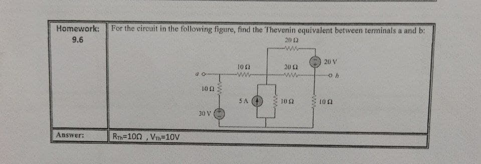 Homework:
For the circuit in the following figure, find the Thevenin equivalent between terminals a and b:
9.6
20 12
ww
20 V
102
20 2
ww
10 2
SA
10 2
102
30 V
Answer:
RTh=100 , VTh=10V
