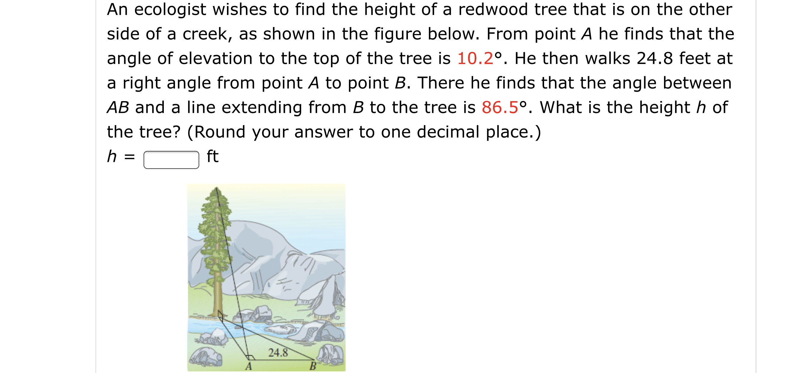 An ecologist wishes to find the height of a redwood tree that is on the other
side of a creek, as shown in the figure below. From point A he finds that the
angle of elevation to the top of the tree is 10.2°. He then walks 24.8 feet at
a right angle from point A to point B. There he finds that the angle between
AB and a line extending from B to the tree is 86.5°. What is the height h of
the tree? (Round your answer to one decimal place.)
ft
||
