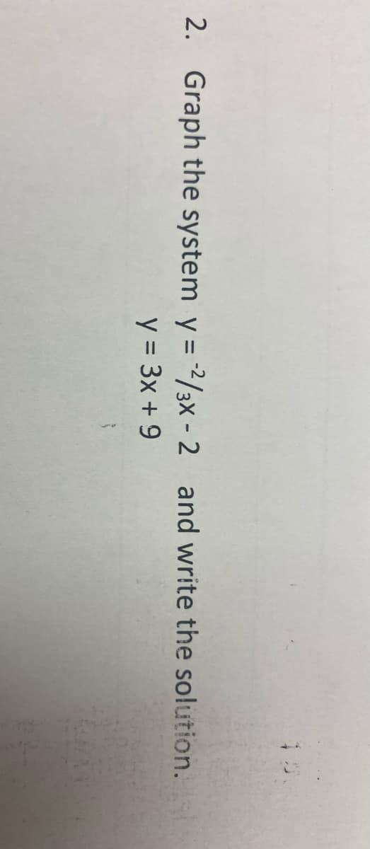 2. Graph the system y = 2/3x - 2 and write the solution.
y = 3x + 9
