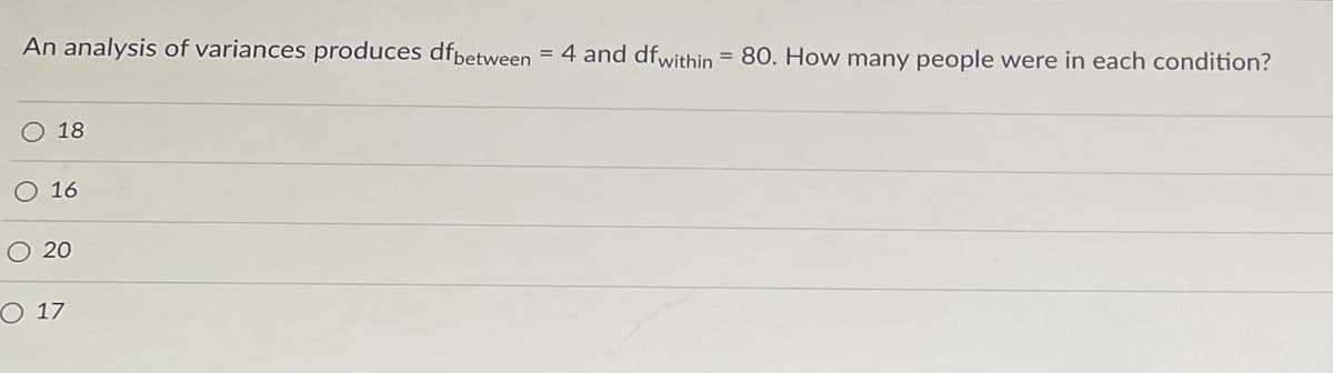 An analysis of variances produces dfbetween
4 and dfwithin = 80. How many people were in each condition?
18
O 16
O 20
O 17
