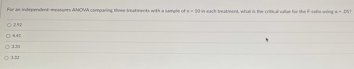 For an independent-measures ANOVA comparing three treatments with a sample of n = 10 in each treatment, what is the critical value for the F-ratio using a = .05?
O 2.92
O 4.41
3.35
О 3.32
