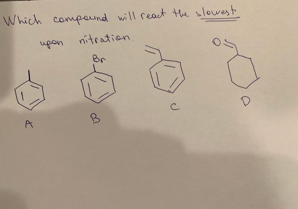 Which compound will react the slowest
upon
nitration
Br
A
