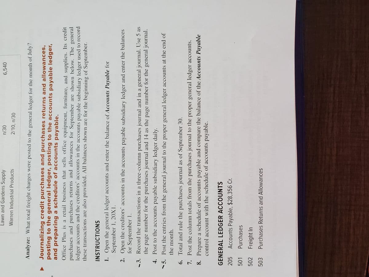 Lawn and Gardens Supply
Warren Industrial Products
n/30
2/10, n/30
Analyze: What total freight charges were posted to the general ledger for the month of July?
Journalizing credit purchases and purchases returns and allowances,
posting to the general ledger, posting to the accounts payable ledger,
and preparing a schedule of accounts payable.
6,540
Office Plus is a retail business that sells office equipment, furniture, and supplies. Its credit
purchases and purchases returns and allowances for September are shown below. The general
ledger accounts and the creditors' accounts in the accounts payable subsidiary ledger used to record
these transactions are also provided. All balances shown are for the beginning of September.
INSTRUCTIONS
1. Open the general ledger accounts and enter the balance of Accounts Payable for
September 1, 20X1.
4.
5.
2.
Open the creditors' accounts in the accounts payable subsidiary ledger and enter the balances
for September 1.
-3.
Record the transactions in a three-column purchases journal and in a general journal. Use 5 as
the page number for the purchases journal and 14 as the page number for the general journal.
Post to the accounts payable subsidiary ledger daily.
Post the entries from the general journal to the proper general ledger accounts at the end of
the month.
GENERAL LEDGER ACCOUNTS
205 Accounts Payable, $28,356 Cr.
501
Purchases
502
Freight In
503 Purchases Returns and Allowances
6.
Total and rule the purchases journal as of September 30.
7. Post the column totals from the purchases journal to the proper general ledger accounts.
8.
Prepare a schedule of accounts payable and compare the balance of the Accounts Payable
control account with the schedule of accounts payable.