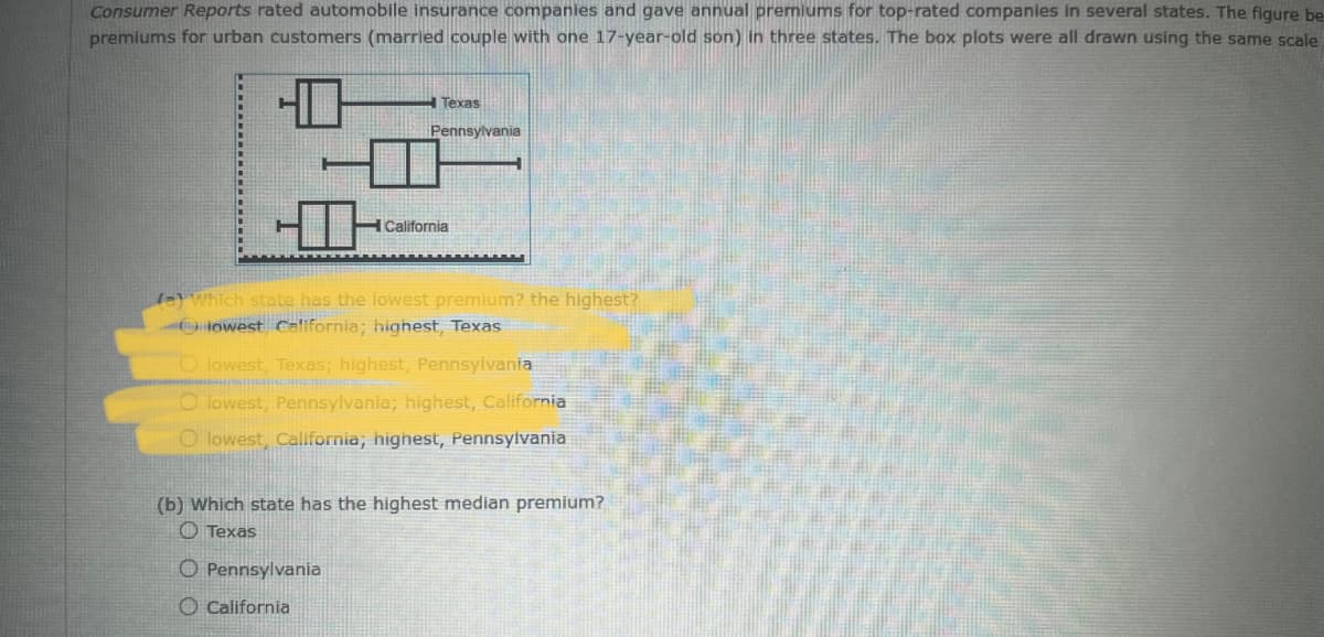 Consumer Reports rated automobile insurance companies and gave annual premiums for top-rated companies in several states. The figure be
premiums for urban customers (married couple with one 17-year-old son) in three states. The box plots were all drawn using the same scale
| Texas
Pennsylvania
California
(a) Which state has the lowest premium? the highest?
-Olowest California; highest, Texas
Olowest, Texas; highest, Pennsylvania
Tammemann
Olowest, Pennsylvania; highest, California
Ⓒlowest, California; highest, Pennsylvania
O Pennsylvania
California
(b) which state has the highest median premium?
Texas