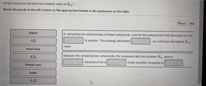 Which compound will have the smallest value of K?
Match the words in the left column to the appropriate blanks in the sentences on the right.
Reset Hel
higher
In comparing the stoichiometry of these compounds, look for the compound(s) that dissociate into the
AX
in solution. This strategy eliminates
as it will have the highest Kup
value.
most ions
AX2
Between the remaining two compounds, the compound with the smallest Kap value is
because it has a
molar solubility compared to
fewest ions
lower
A2X
