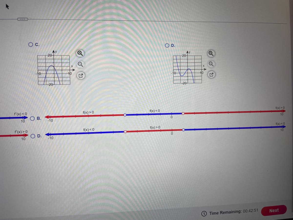 f'(x) < 0
10
f'(x) > 0
10
O C.
Ay
20
108
10
10
-20
-10
-10
OB.
O D.
f(x) > 0
f(x) < 0
f(x) < 0
f(x) > 0
O D.
Ay
Q
20
2013
10
-20
Time Remaining: 00:42:51
f(x) > 0
10
f(x) <0
10
Next
